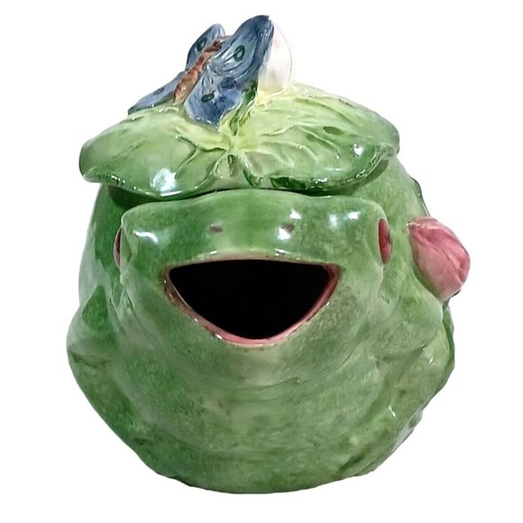 Vintage Signed Majolica Pottery Frog  Butterfly Capodimonte Teapot Made … - Picture 4 of 12